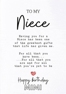 a happy birthday card for a niece with a heart