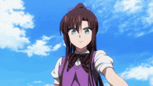 a girl with long brown hair and green eyes is wearing a purple vest and bow tie