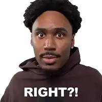 a man in a brown hoodie has the words right written on his face