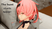 a girl with pink hair and the words the hunt starts now on the bottom