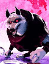 a cartoon drawing of a wolf with red eyes and the name marutchi on the bottom