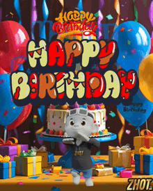 a happy birthday greeting with a cartoon character and a cake