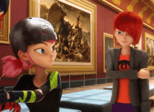 two cartoon characters are standing in front of a painting with one wearing a helmet