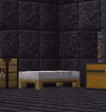 a purple robot with a yellow face is standing in a room