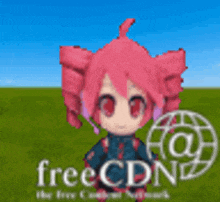 a little girl with pink hair is standing in a field with the words freecdn written on the bottom