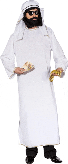 a man in a white robe is holding a stack of 500 euro bills