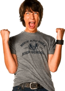 a boy wearing a rock and roll high school t-shirt