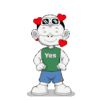 a cartoon character wearing sunglasses and a green shirt that says yes