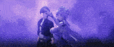 a man and a woman are standing next to each other in a purple background .
