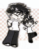 a cartoon of a boy and a smaller boy standing next to each other on a checkered background