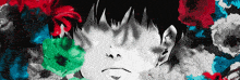 a black and white drawing of a person with a flower in his hair