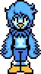 a pixel art drawing of a girl with blue hair and a bird head .