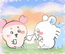 a cartoon of a mouse and a pig with the name ami + katsuki on the bottom right