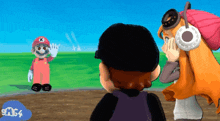 a cartoon of mario and smg4 with a girl covering her face