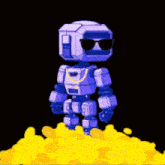 a robot wearing sunglasses and a chain is standing in a pile of coins