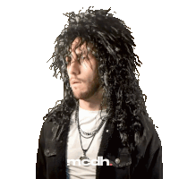 a man wearing a black wig and a black jacket with the word mcdh written on the bottom