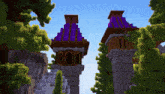 a building with a purple roof is surrounded by trees and a blue sky