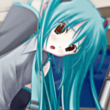 a girl with long blue hair and brown eyes is looking down