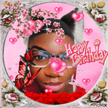 a picture of a girl with glasses and flowers with the words happy birthday on it
