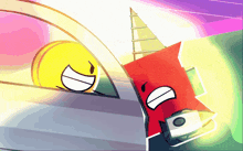 a cartoon of a yellow ball and a red object with a horn