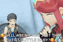 a boy and a girl are standing next to each other in a video game and the girl is looking at the boy .