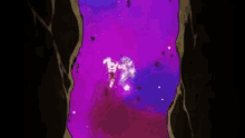 a purple and blue background with a cartoon character flying through the air .