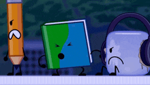 a pencil a book and an ice cube are standing next to each other on a table