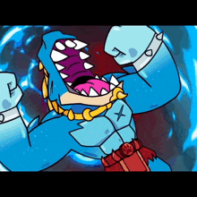 a cartoon drawing of a blue monster with a x on his chest