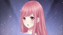 a girl with pink hair is standing in front of a purple background