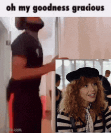 a man with a beard is standing next to a woman with red hair and a black hat .