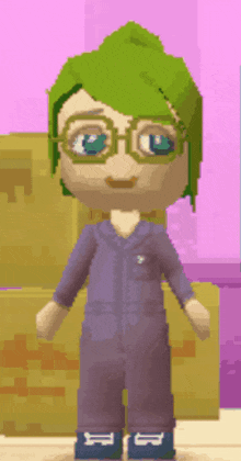 a cartoon character with green hair and glasses is wearing a purple jumpsuit and blue shoes