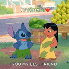 a cartoon of stitch standing next to a girl with the words god natt you my best friend
