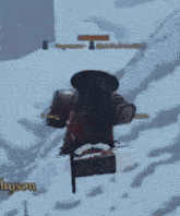 a video game character is standing in the snow with a name tag that says tyson .