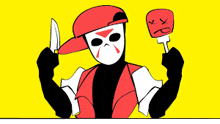 a cartoon character is holding a knife and a dead sign