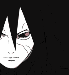 a black and white drawing of a man with red eyes