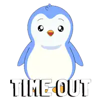 a blue and white penguin is covering its face with its beak and the words time out below it