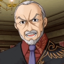 a man with a beard is wearing a purple tie and a red shirt