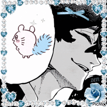a black and white drawing of a man with a squirrel on his ear