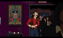 a cartoon of a man looking at a painting with a woman behind him
