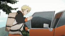 a cartoon of a man getting out of a car with the word [ as ] on the bottom