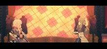 two anime girls are dancing in front of a checkered background