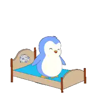 a blue and white penguin is jumping over a bed