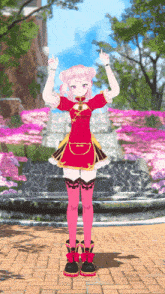 a girl with pink hair and a red dress stands in front of a fountain