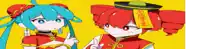 a couple of cartoon characters are standing next to each other on a yellow background .