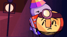 a cartoon character holding a box that says serv if