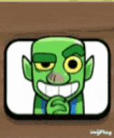 a cartoon drawing of a green goblin with a big smile on his face
