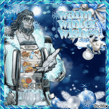 a picture of a man holding a fridge with the words warm winter wishes written on it