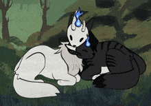 a drawing of a black and white animal with a flame on their head
