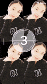 a woman wearing a sweatshirt that says cul is surrounded by a number 3