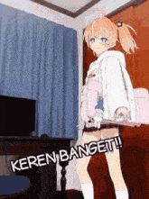 a girl is standing in a room holding a pink bag and a skateboard .
